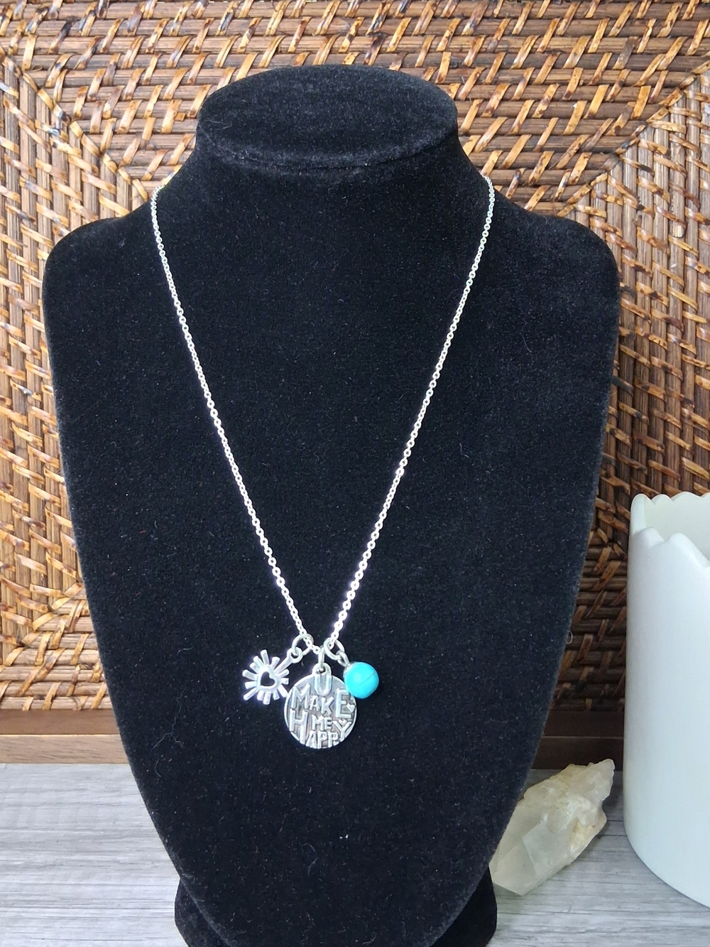 Silver 'You Make Me Happy' Charm Pendant Necklace with Turquoise Accent